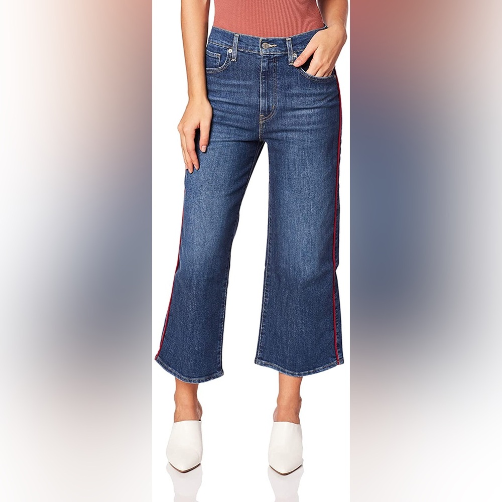 Levi Mile High Cropped Wide Leg Blue Jeans with Red Stripe